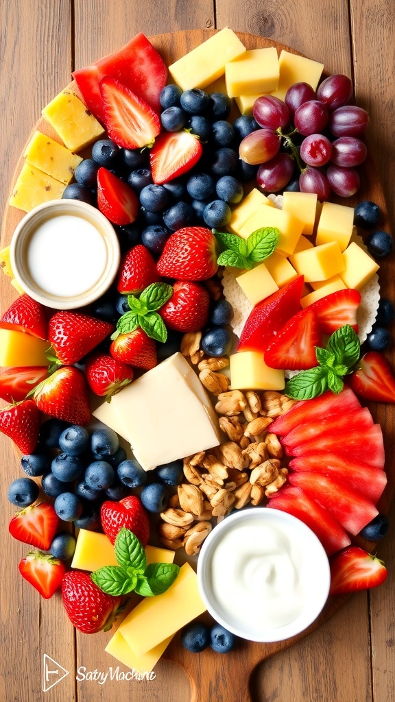 Colorful Fruit Charcuterie Board Recipe A colorful Fruit Charcuterie Board with assorted fresh fruits, cheeses, nuts, and dips on a wooden table.